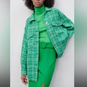 NWT Zara Oversized Plaid Tweed Overshirt Size XS